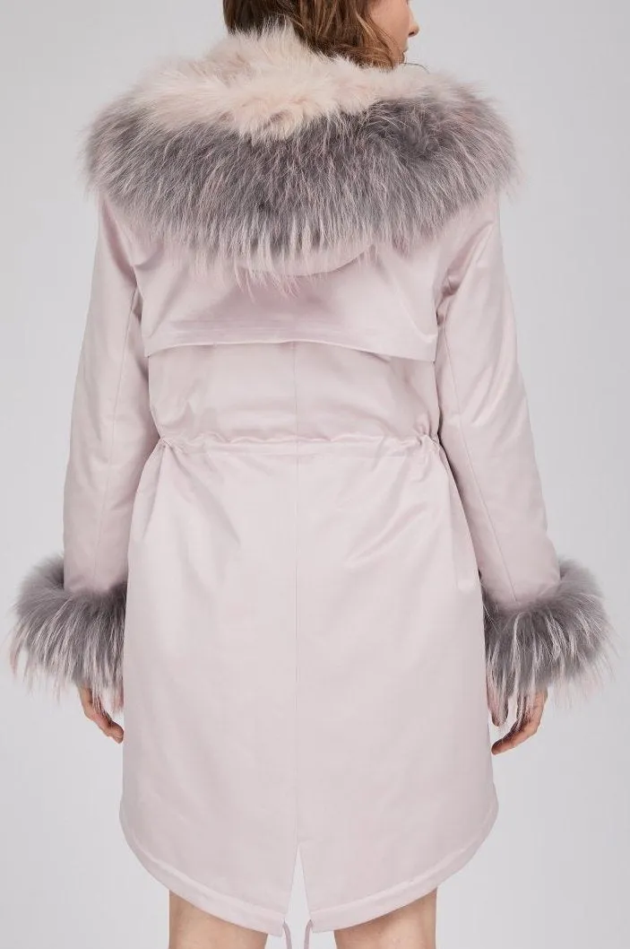 Fox Fur Lined Parka Coat - Pink, White, Blue