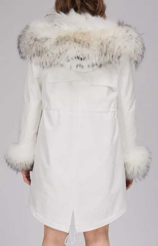 Fox Fur Lined Parka Coat - Pink, White, Blue