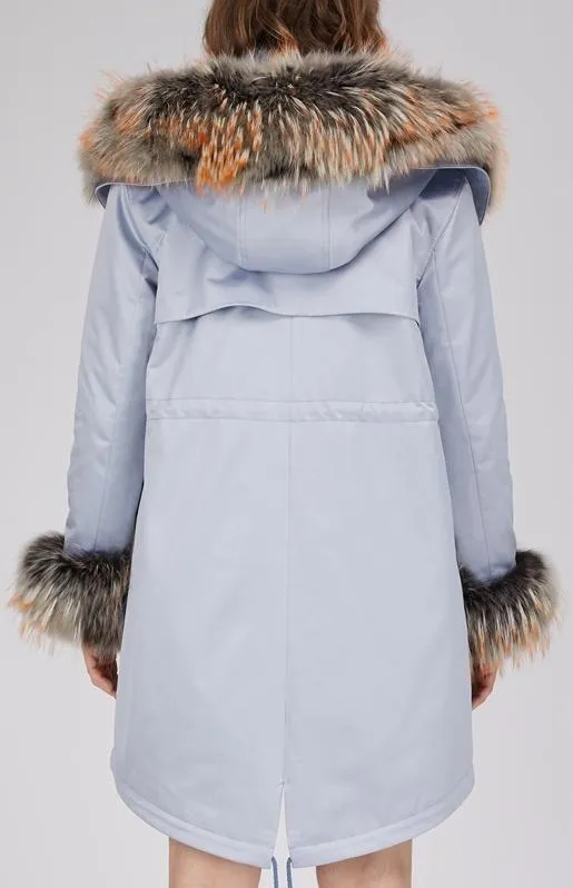 Fox Fur Lined Parka Coat - Pink, White, Blue