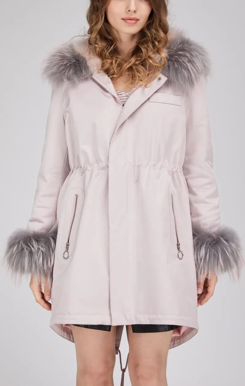 Fox Fur Lined Parka Coat - Pink, White, Blue