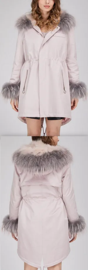 Fox Fur Lined Parka Coat - Pink, White, Blue