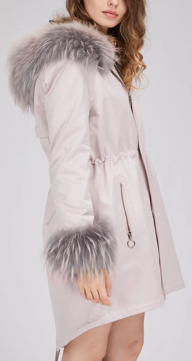 Fox Fur Lined Parka Coat - Pink, White, Blue
