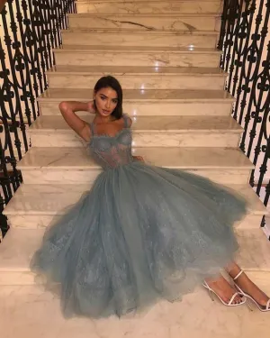 Gray Blue A Line Tulle Sweetheart Lace Prom Dresses, Evening Gowns        fg3966