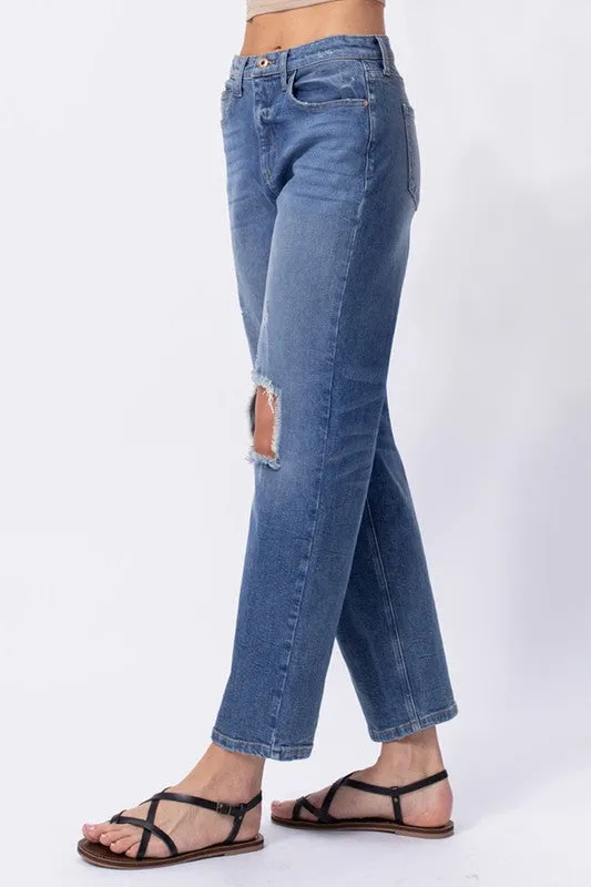 High Rise Loose Straight Leg With Open Knee Rips