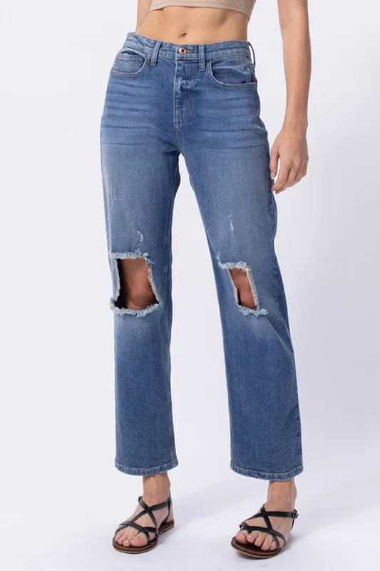 High Rise Loose Straight Leg With Open Knee Rips