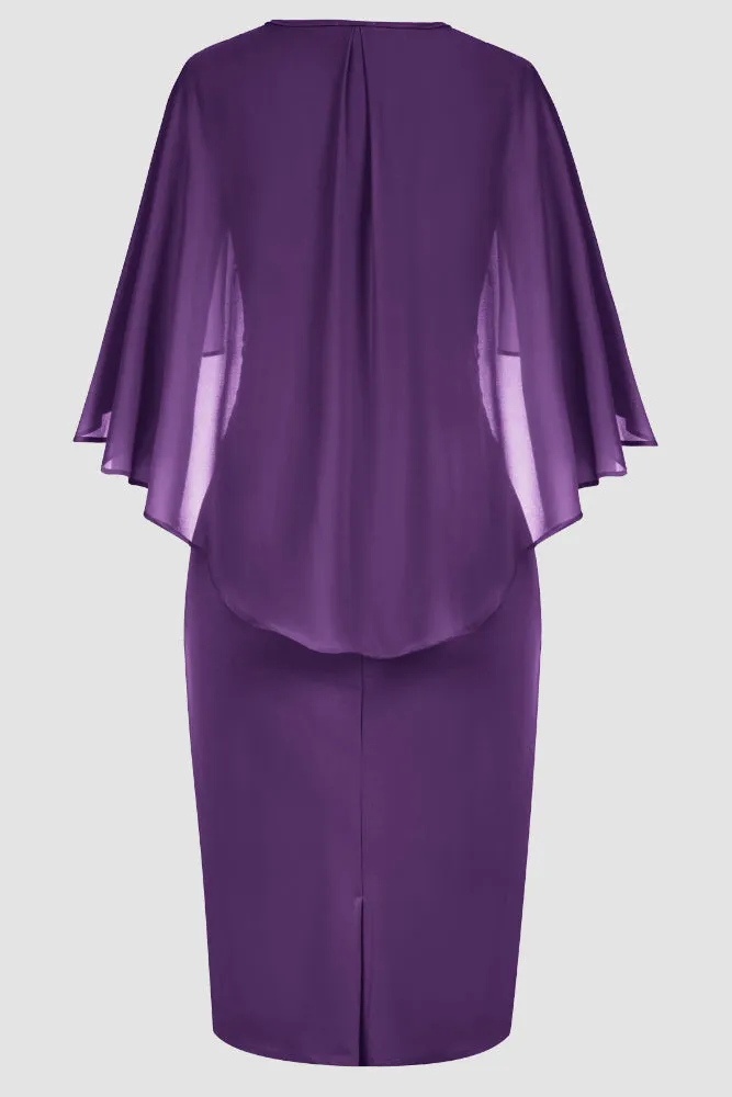 HN Chiffon Party Cape Sleeve V-Neck Defined Waist Dress