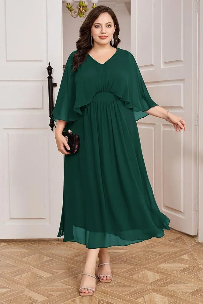 HN Chiffon Party Cape Sleeve V-Neck Defined Waist Dress