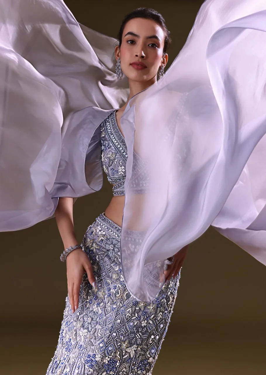 Ice Blue Mermaid Lehenga And Blouse With Long Wing Sleeves