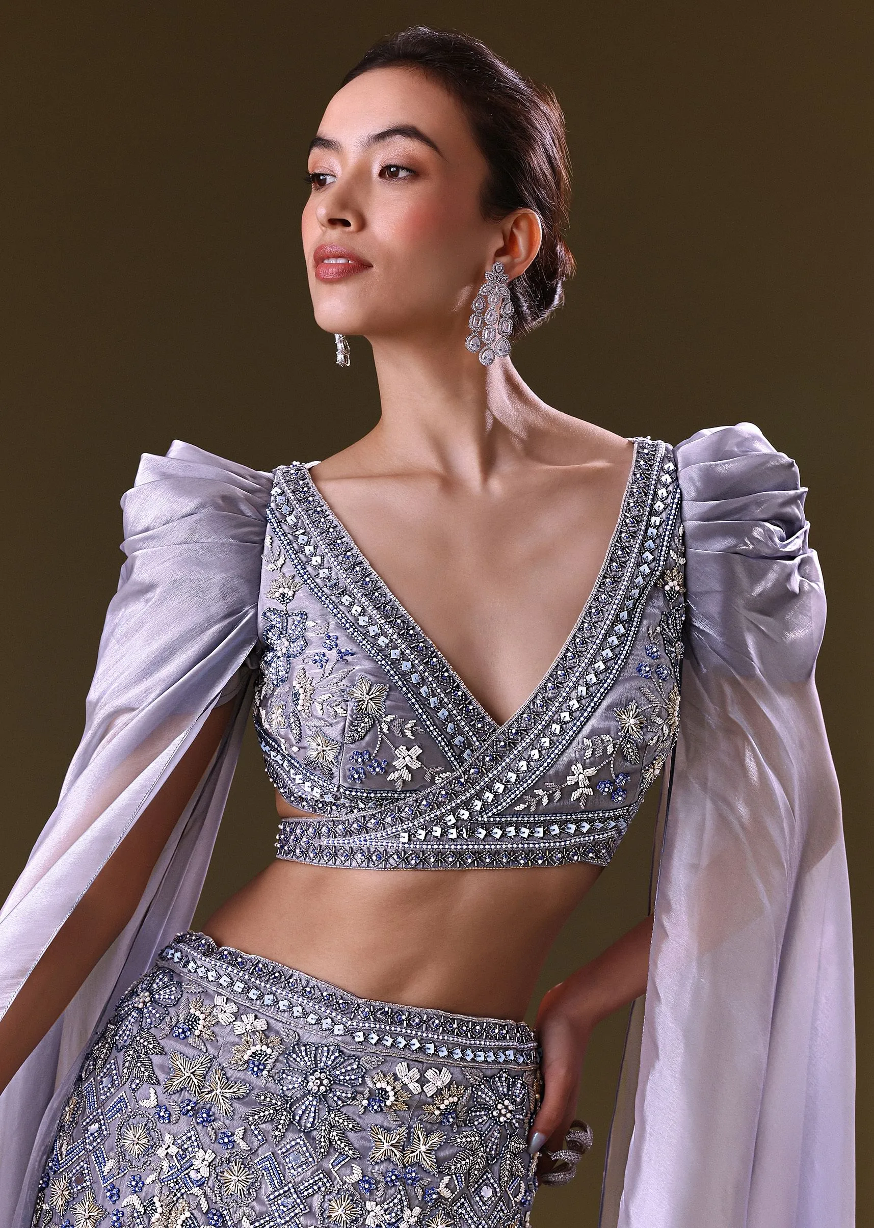 Ice Blue Mermaid Lehenga And Blouse With Long Wing Sleeves