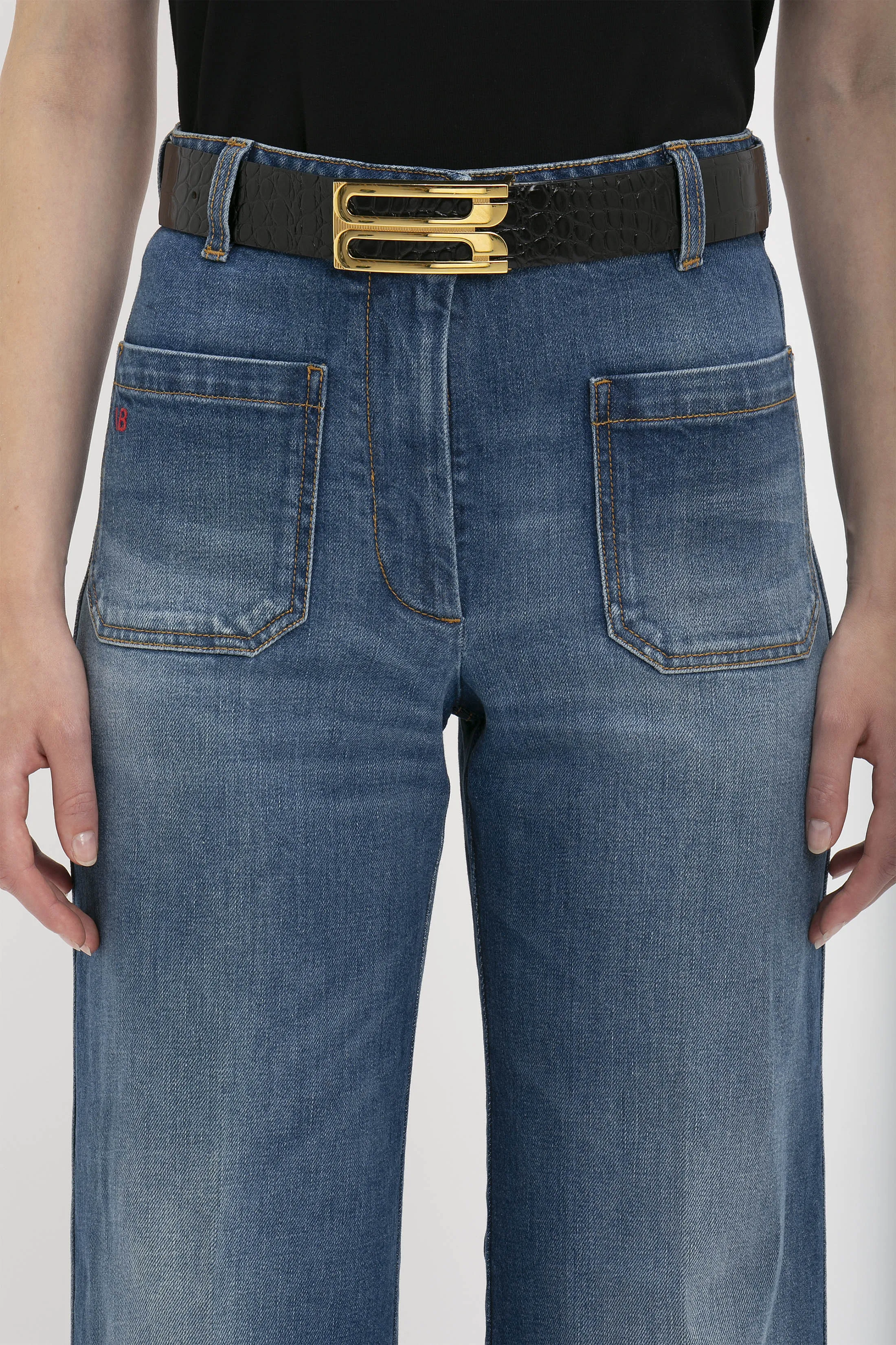Jumbo Frame Belt In Chocolate Croc Embossed Leather