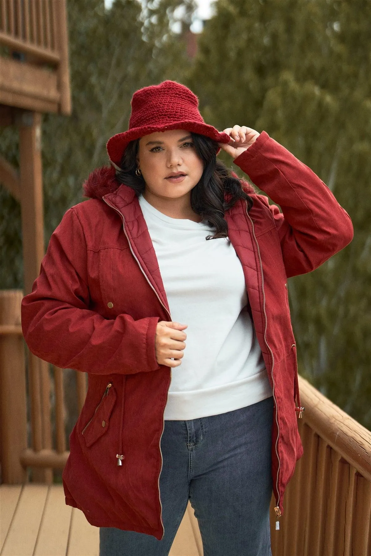 Junior Plus Size Reversible Wine Red Dyed Vegan Fur Double-Sided Cotton Twill Parka & Puffer Jacket /1-1-1-1