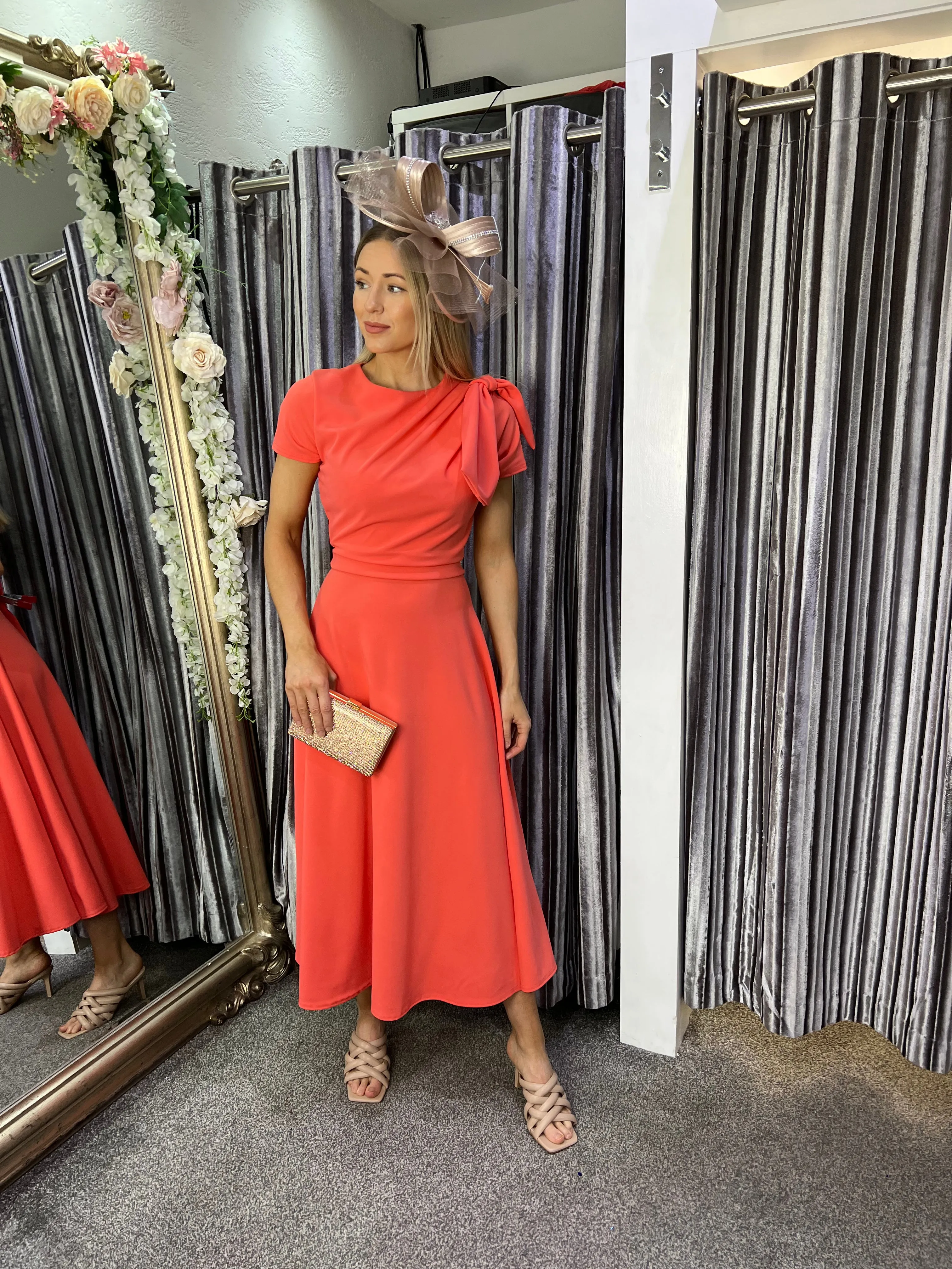 Kate Bow shoulder tea length coral dress