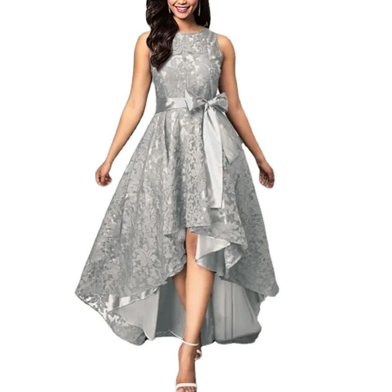 Lady's floral lace sleevesless high low ruffles large swing cocktail dress | Waist belted  summer sweet party prom evening gown dress