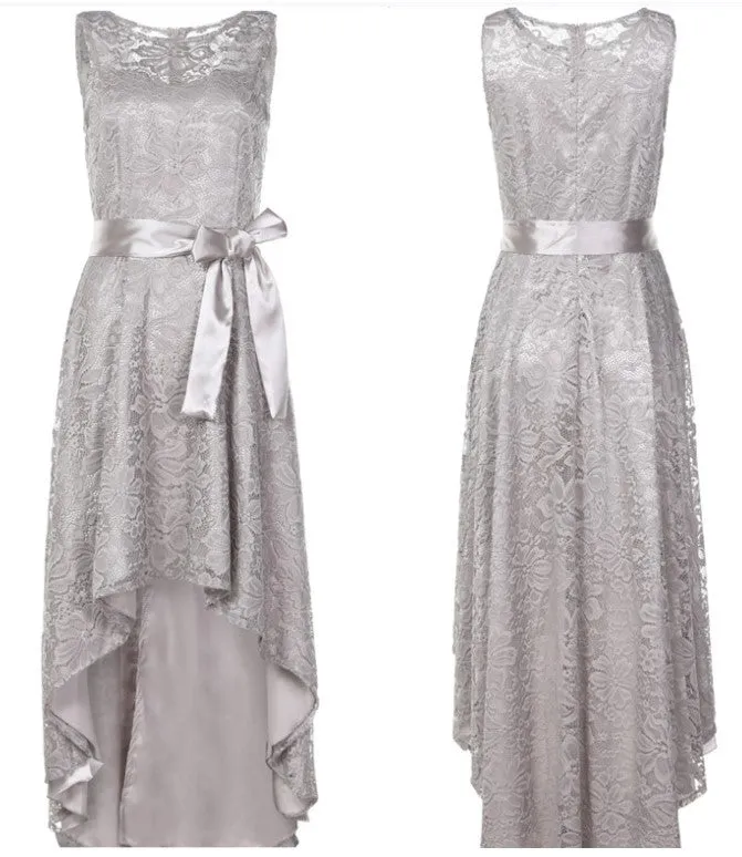 Lady's floral lace sleevesless high low ruffles large swing cocktail dress | Waist belted  summer sweet party prom evening gown dress