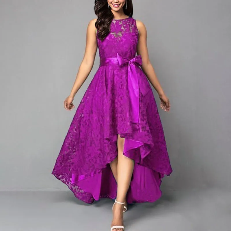 Lady's floral lace sleevesless high low ruffles large swing cocktail dress | Waist belted  summer sweet party prom evening gown dress