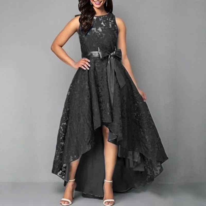 Lady's floral lace sleevesless high low ruffles large swing cocktail dress | Waist belted  summer sweet party prom evening gown dress