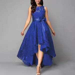 Lady's floral lace sleevesless high low ruffles large swing cocktail dress | Waist belted  summer sweet party prom evening gown dress