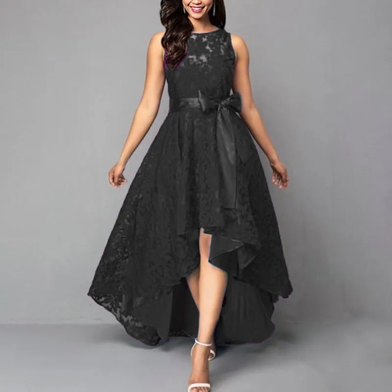 Lady's floral lace sleevesless high low ruffles large swing cocktail dress | Waist belted  summer sweet party prom evening gown dress