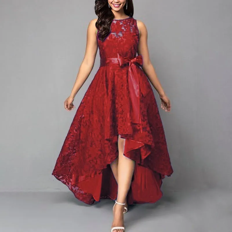 Lady's floral lace sleevesless high low ruffles large swing cocktail dress | Waist belted  summer sweet party prom evening gown dress