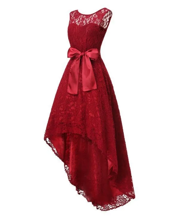 Lady's floral lace sleevesless high low ruffles large swing cocktail dress | Waist belted  summer sweet party prom evening gown dress