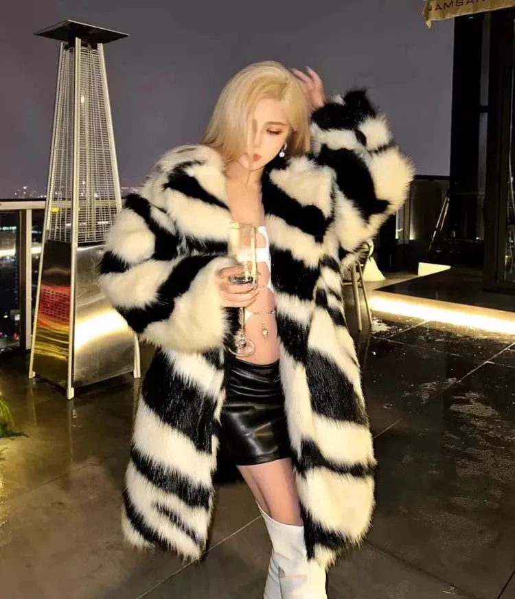 Lola Spice zebra fox fur mid-length coat