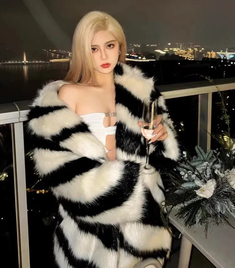 Lola Spice zebra fox fur mid-length coat