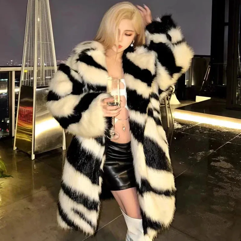 Lola Spice zebra fox fur mid-length coat