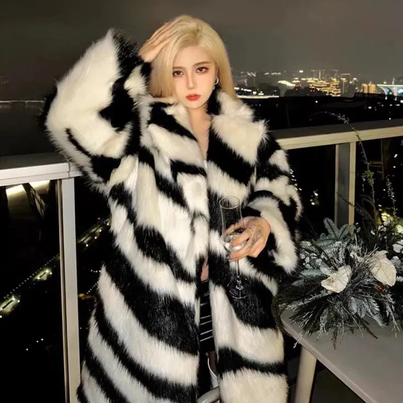 Lola Spice zebra fox fur mid-length coat
