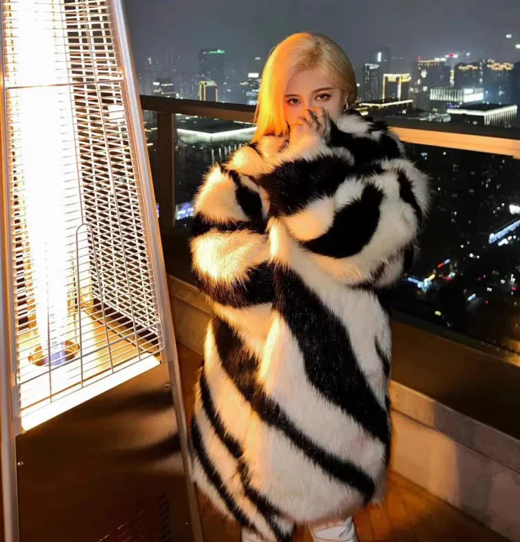 Lola Spice zebra fox fur mid-length coat