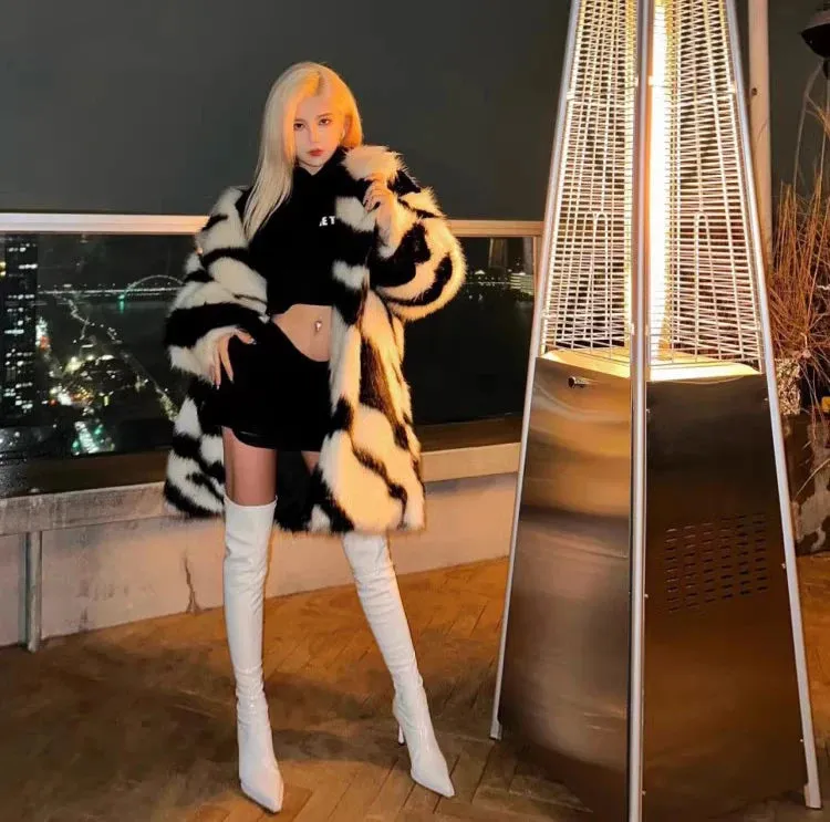 Lola Spice zebra fox fur mid-length coat