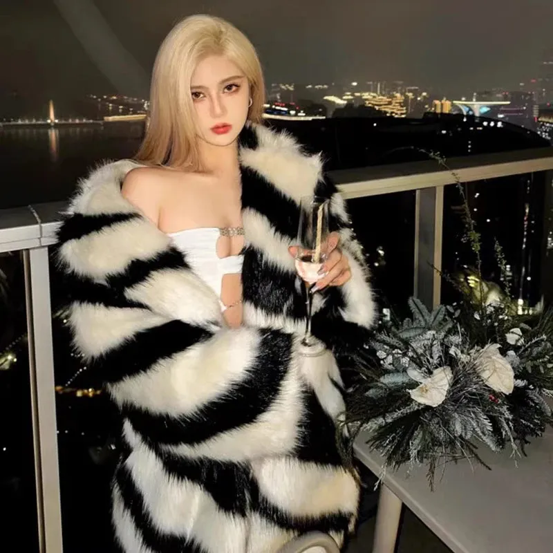 Lola Spice zebra fox fur mid-length coat
