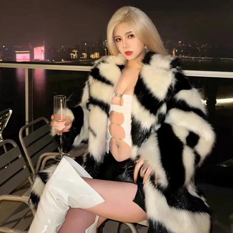 Lola Spice zebra fox fur mid-length coat