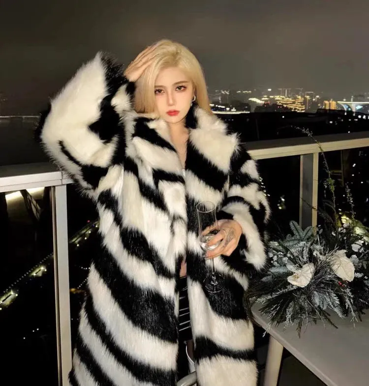Lola Spice zebra fox fur mid-length coat