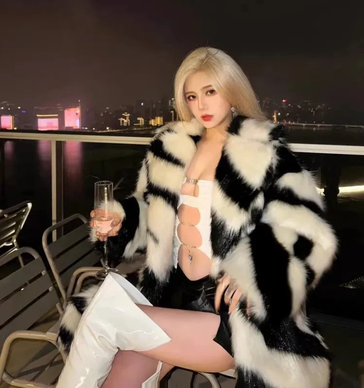 Lola Spice zebra fox fur mid-length coat
