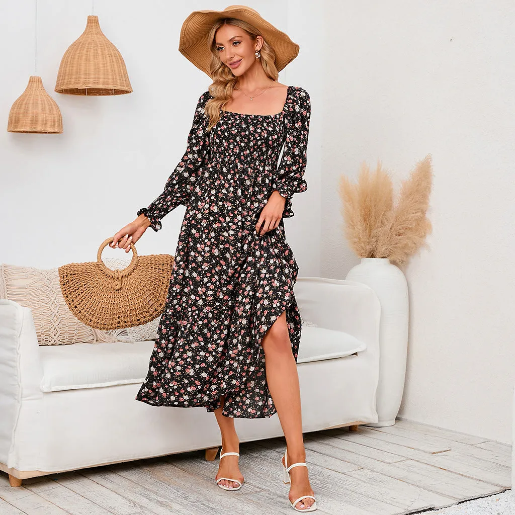 Long Sleeve Chiffon Square Neck Floral Dress