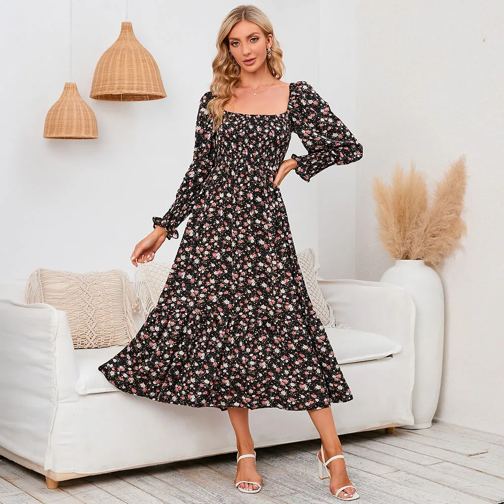 Long Sleeve Chiffon Square Neck Floral Dress