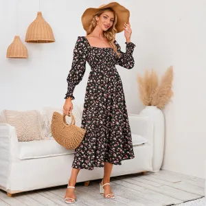 Long Sleeve Chiffon Square Neck Floral Dress