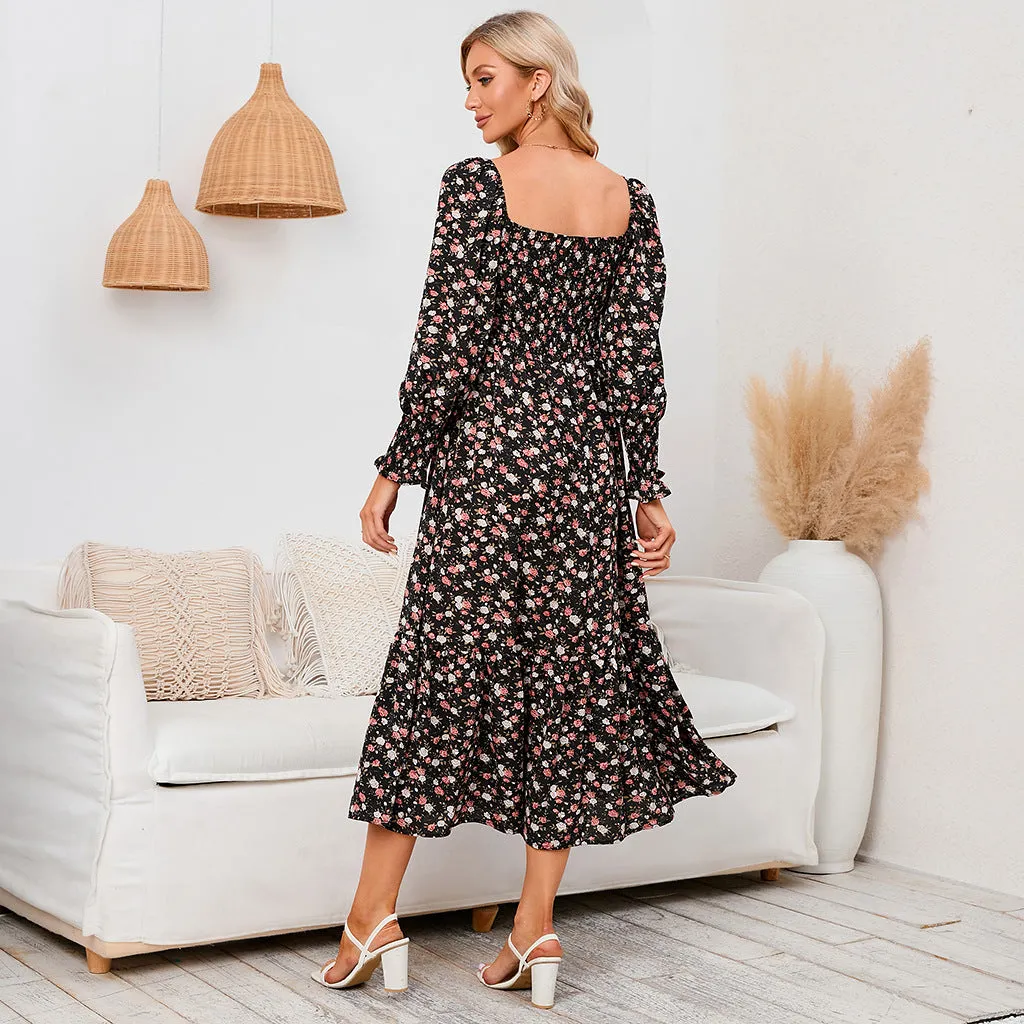 Long Sleeve Chiffon Square Neck Floral Dress