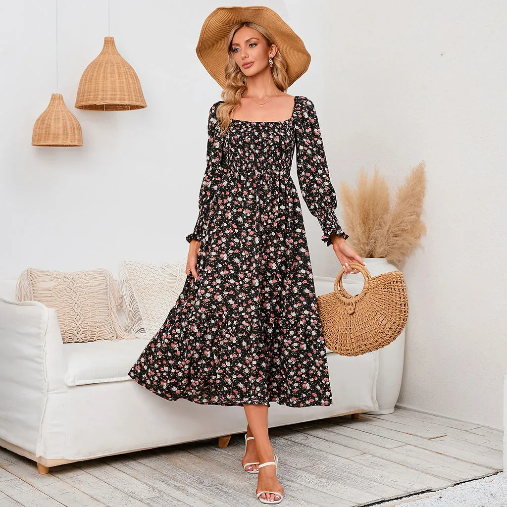 Long Sleeve Chiffon Square Neck Floral Dress