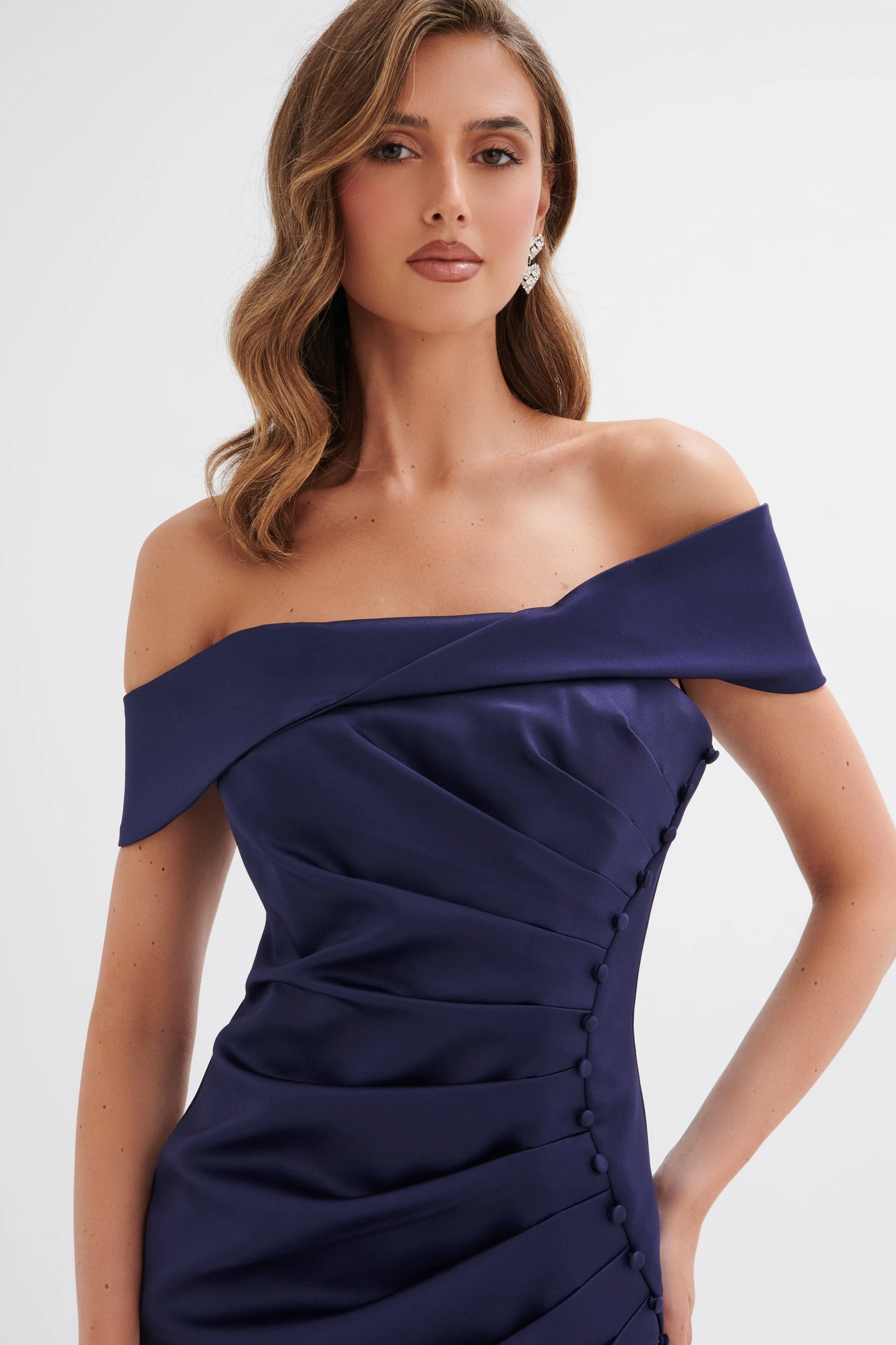 LUCILLE Twist Bardot Pleated Midi Dress in Navy