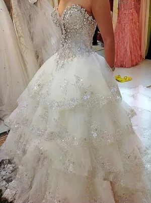 Luxury Ball Gown Fluffy Wedding Dresses Plus Size Tulle Lace Crystal Diamond Wedding Gowns     fg4424