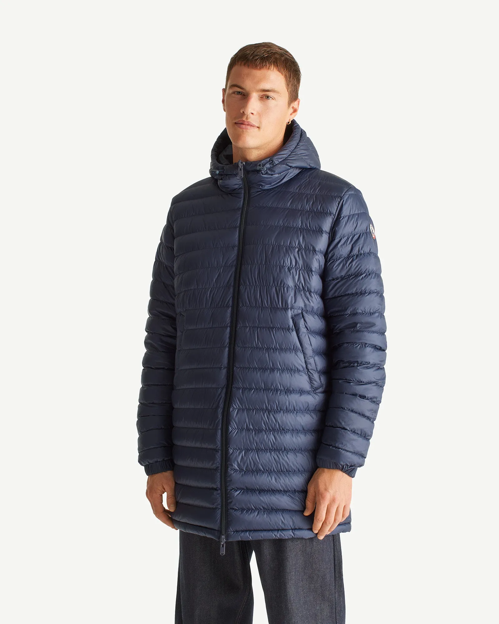 Navy Amsterdam long reversible hooded puffer jacket reversible hooded