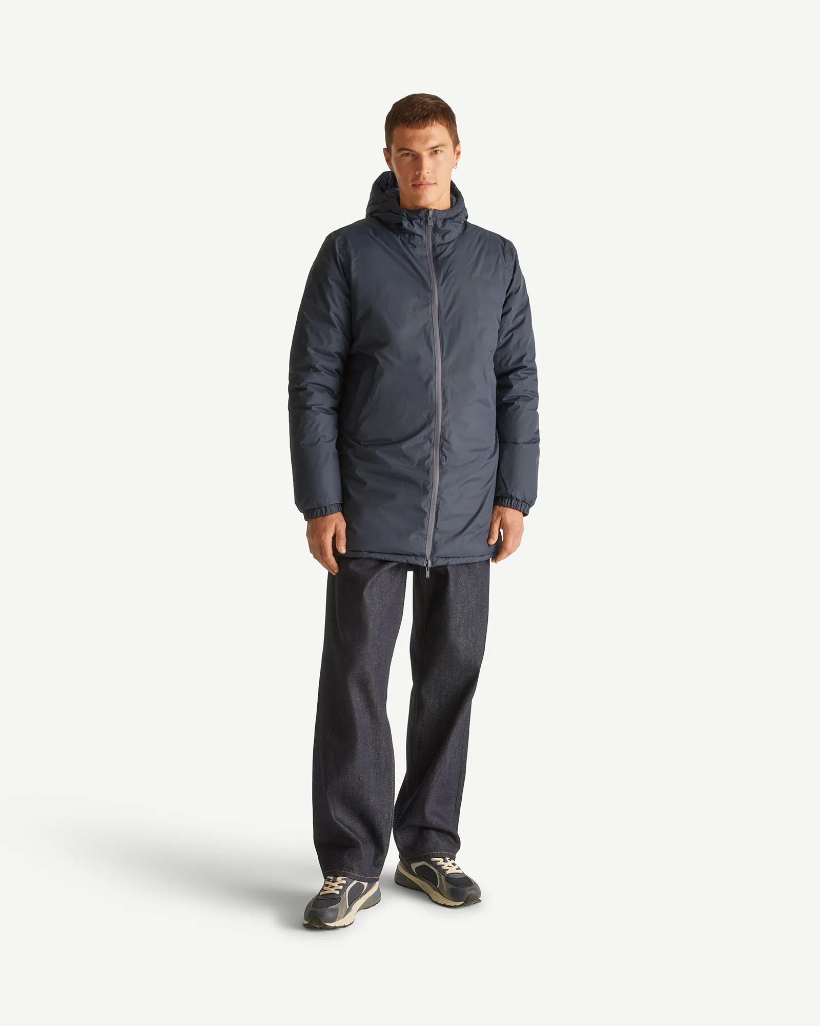 Navy Amsterdam long reversible hooded puffer jacket reversible hooded