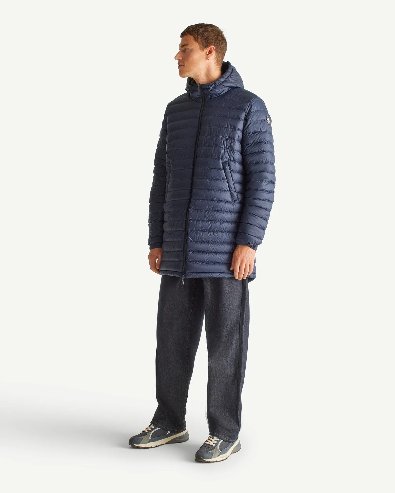 Navy Amsterdam long reversible hooded puffer jacket reversible hooded