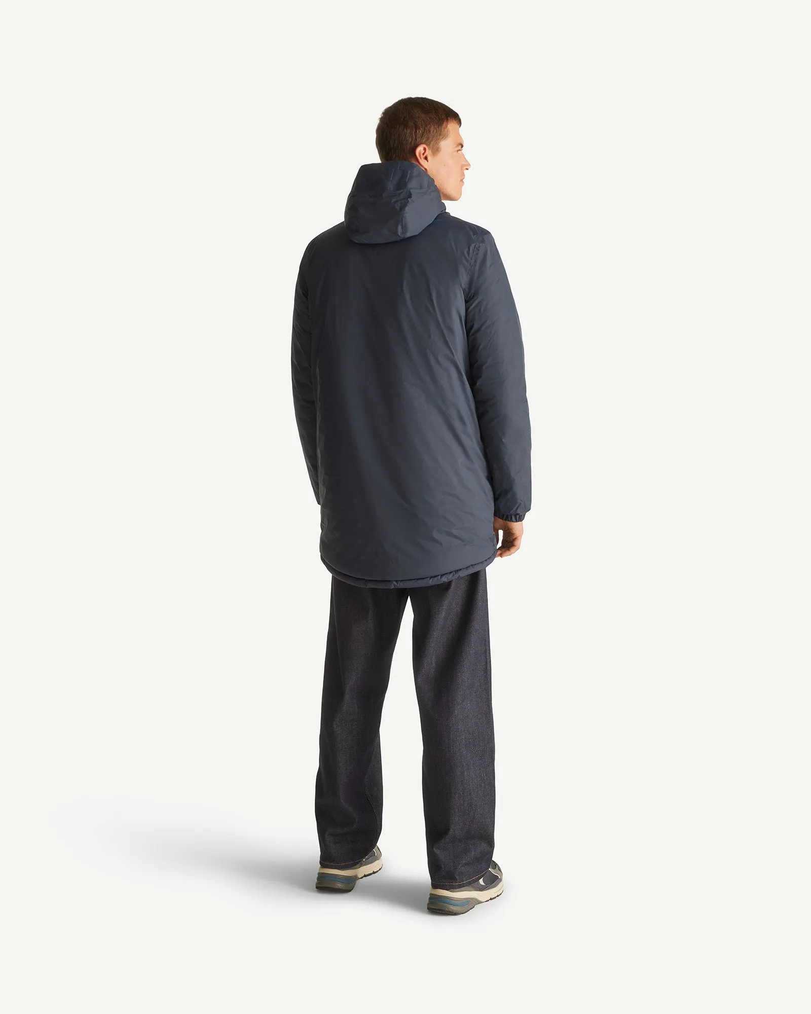 Navy Amsterdam long reversible hooded puffer jacket reversible hooded
