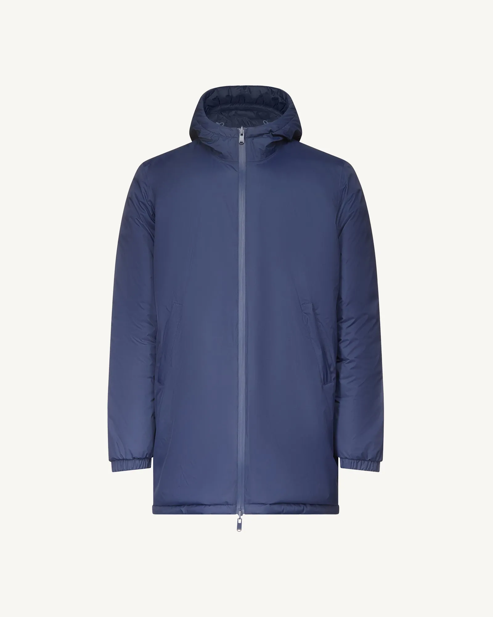 Navy Amsterdam long reversible hooded puffer jacket reversible hooded
