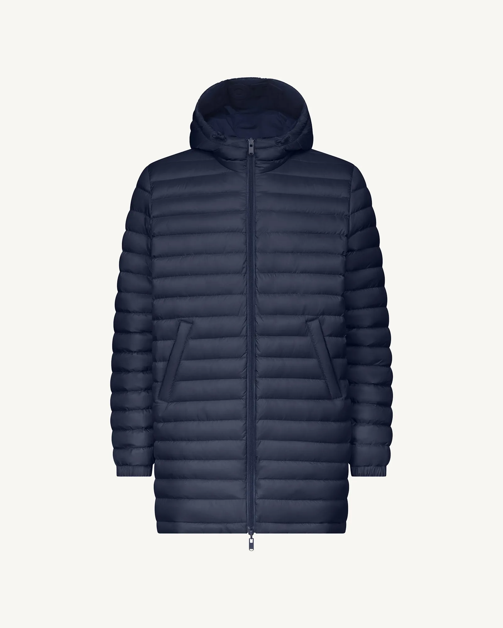 Navy Amsterdam long reversible hooded puffer jacket reversible hooded