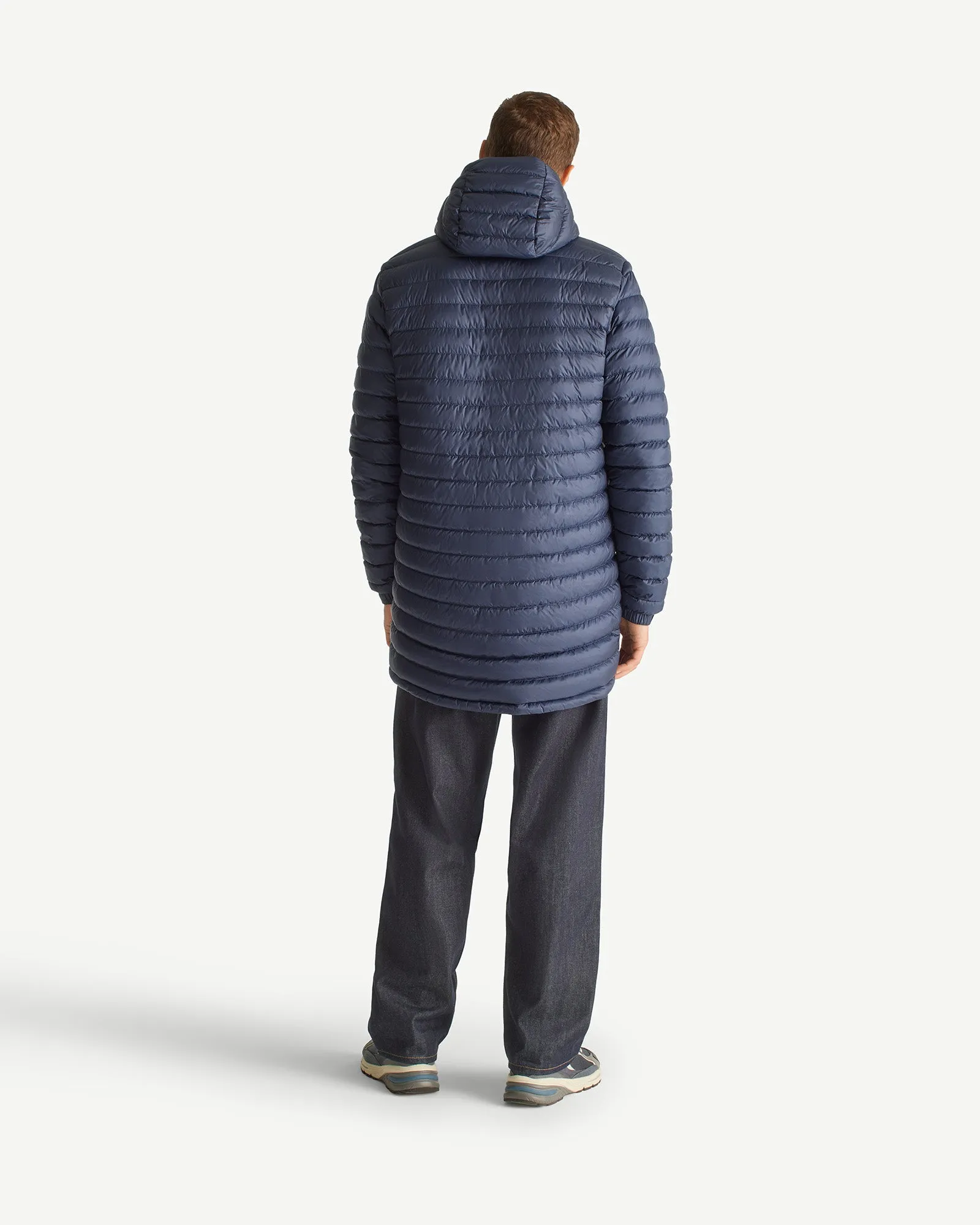 Navy Amsterdam long reversible hooded puffer jacket reversible hooded