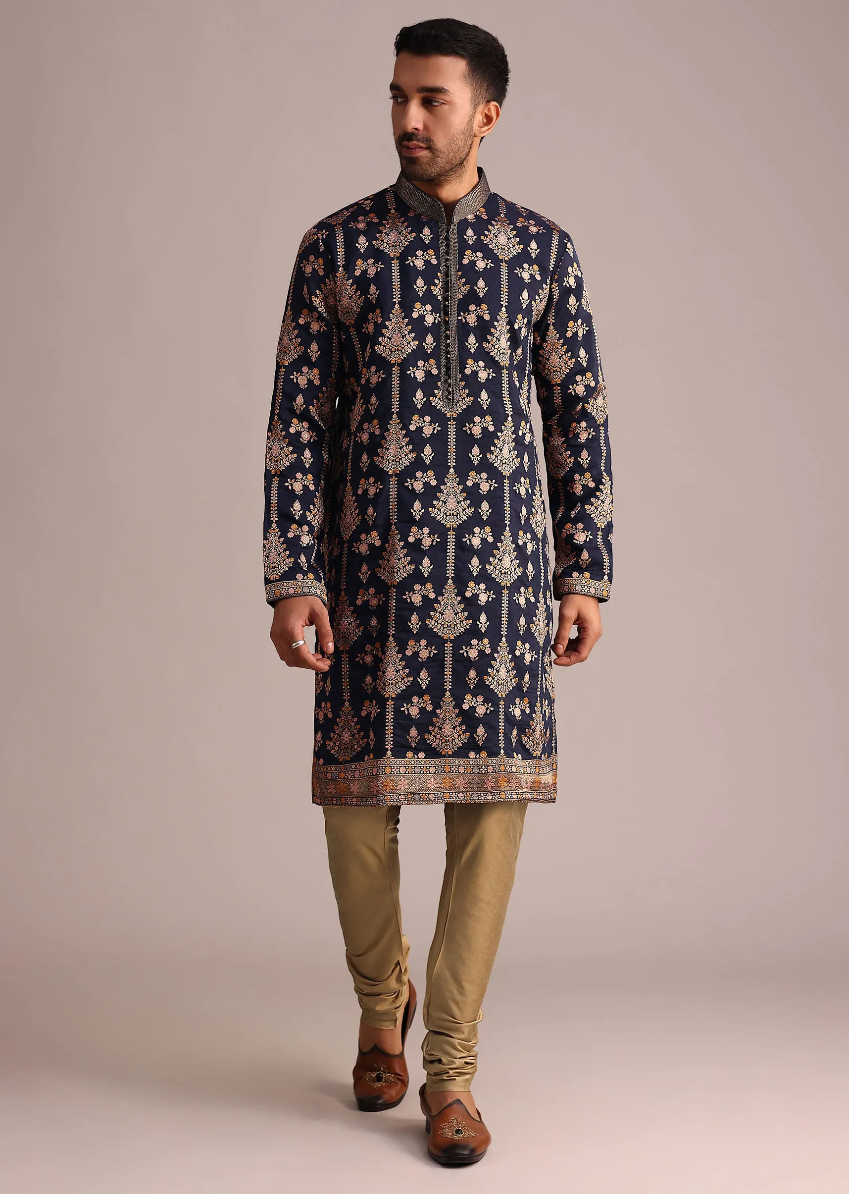Navy Blue Brocade Kurta Set