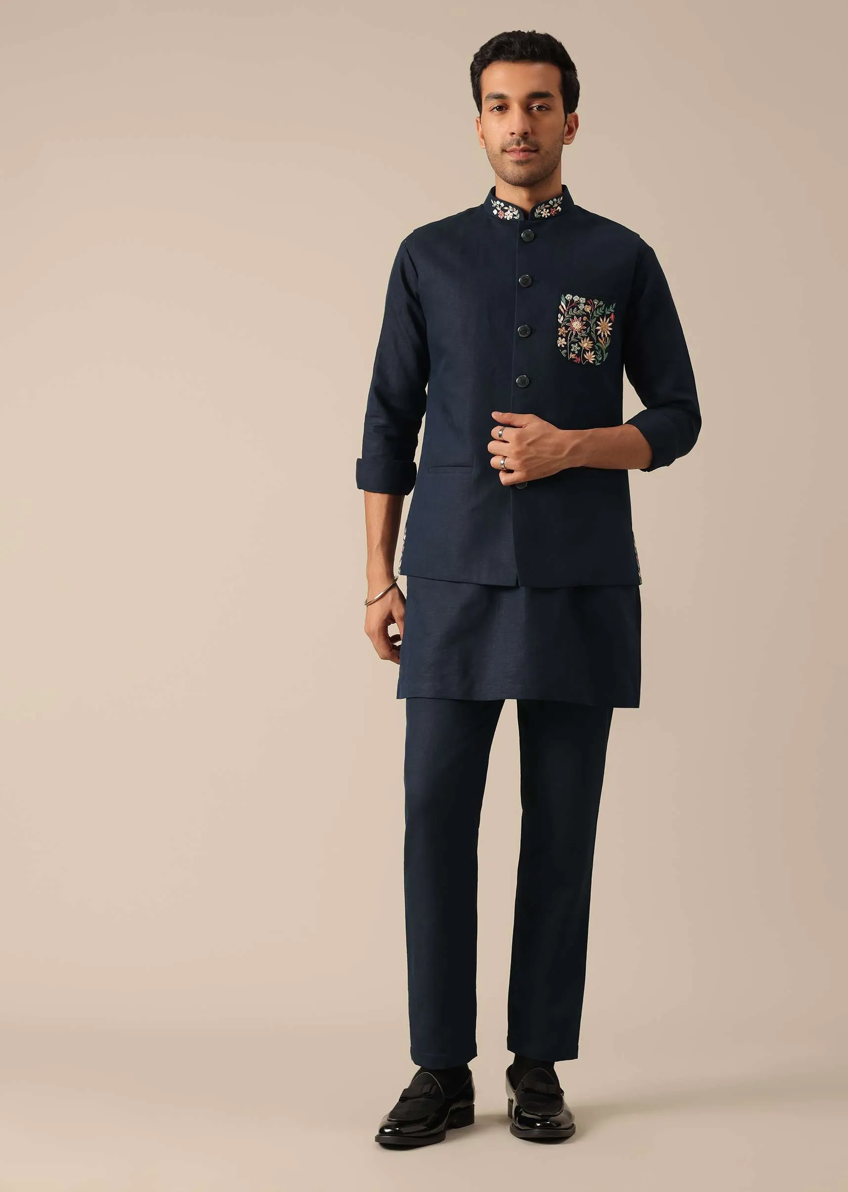 Navy Blue Embroidered Jacket Kurta Set In Linen